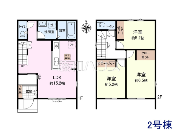 2号棟　間取図　【三鷹市大沢１丁目】　リビングに階段を配置しました。いつでも家族の顔が見えるのがメリットとして喜ばれています。