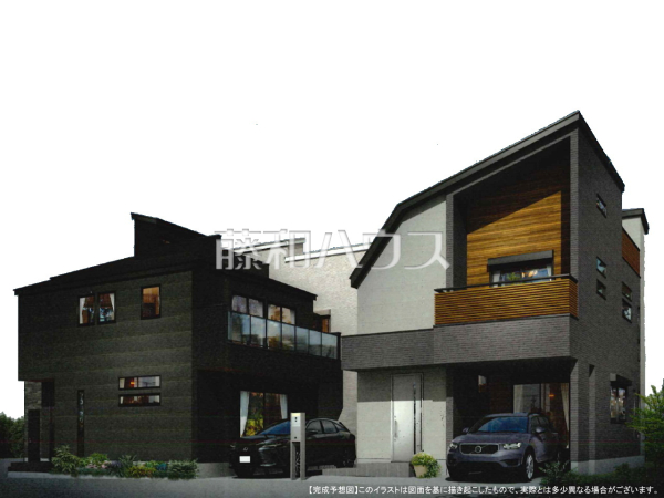 完成予想図（外観）　
お洒落で雰囲気のある佇まいに自然のやさしい潤いを纏ったこの家は、街に新たな表情を見せてくれることでしょう。将来にわたって流行に左右されず、永く住まう事を追求した本物の家です。