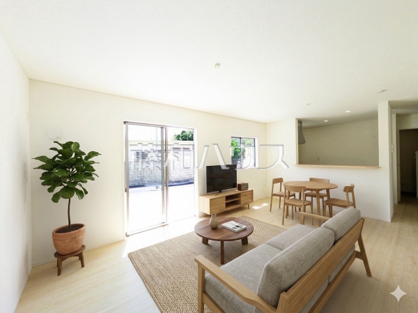 2号棟　リビング　【糸満市字南波平】※画像は実際の室内に家具・調度品をAI（CG）で合成した配置例です。家具・調度品は販売価格に含まれません。また、実際の室内とは色調や質感が異なる場合があります。