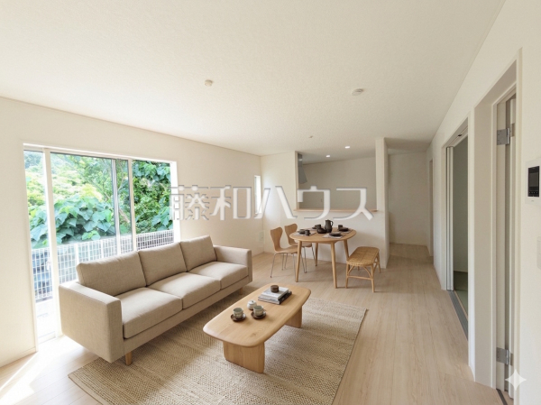 4号棟　リビング　【糸満市字座波】　※画像は実際の室内に家具・調度品をAI（CG）で合成した配置例です。家具・調度品は販売価格に含まれません。また、実際の室内とは色調や質感が異なる場合があります。
