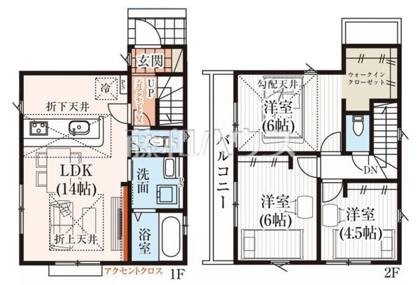 建物プラン例（間取図）　【東久留米市柳窪２丁目】　[参考プラン] 建物価格：1,430万円（税込）　建物面積：72.86m&sup2;