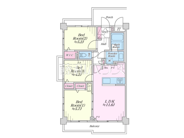 ≪間取図≫角住戸のため日当たり良好の開放的なお部屋です◎　【セイガステージ府中栄町】