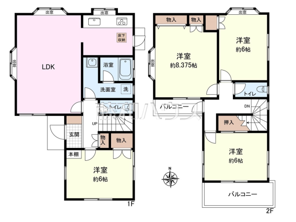 間取図　【新座市野寺５丁目】床暖房が、LDK・1階廊下・1階脱衣場に設置されています！暖かくお過ごしいただけるお住まいです。