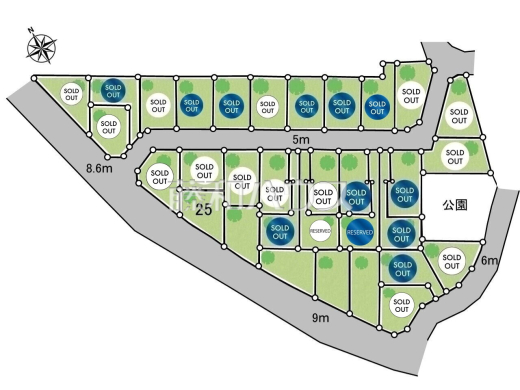全体区画図 【日野市大字日野】
全32区画の大型分譲地!現場内の開発道路も含め、前面道路は運転・駐車が苦手な方にも嬉しい5m以上!