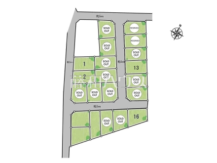全体区画図 【三鷹市牟礼5丁目】
前面道路はゆとりの5m。車の出し入れも楽々です。