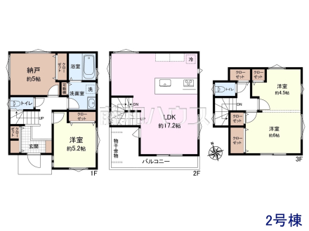 ≪2号棟 間取図≫ご家族が揃うリビングは、南からの暖かい日差しが射し込む2Fに配置しました。【府中市白糸台3丁目】