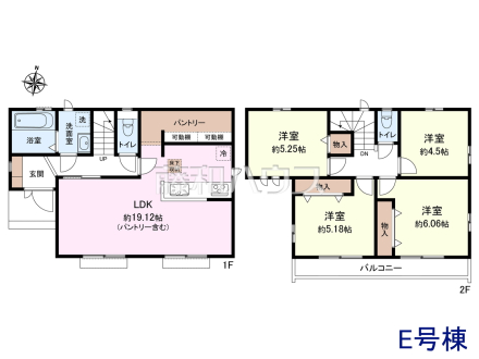 ≪E号棟 間取図≫キッチンスペースにあるパントリー収納は食品等のストックに便利【府中市日新町5丁目】