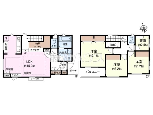 間取図 リビングに床暖房があるので足元ぽかぽか、家族の集まる空間を暖めます。【東久留米市八幡町3丁目】