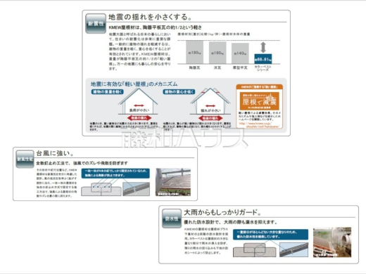 屋根材【耐震性】KMEW屋根材は、陶器平板瓦の約1/2という軽さ!
【台風性能】全数釘止め工法で、強風でのズレや飛散を防ぎます。
【防水性】大雨からもしっかりガード!