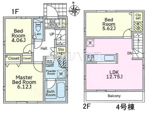 ≪4号棟 間取図≫ご家族が揃うリビングは、南からの暖かい日差しが射し込む2Fに配置しました。【府中市本町3丁目】