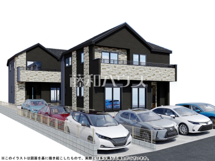 完成予想図(外観) 【日野市南平2丁目】
モノトーンを中心とした配色の現代的なデザイン。直線的ですっきりとしたスクエアなデザインが、お客様のお住まいを都会的に印象づけます。