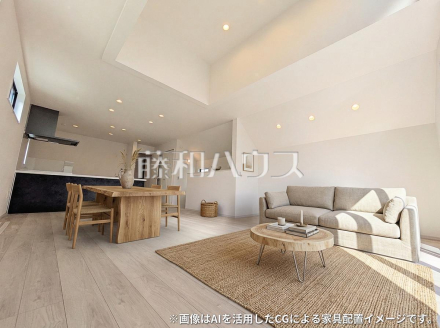 ≪2号棟 リビング≫※画像はAI技術を用いて家具等をCG合成した配置イメージです。現況とは異なる場合があり、家具類は販売対象に含まれません。【世田谷区北烏山1丁目】/撮影日2026/10/25