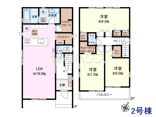 ≪2号棟・間取図≫ 3LDK+ファミリークローク・WIC・パントリー
1階:52.99㎡・2階:48.44㎡・合計:101.43m²
【西東京市下保谷5丁目】